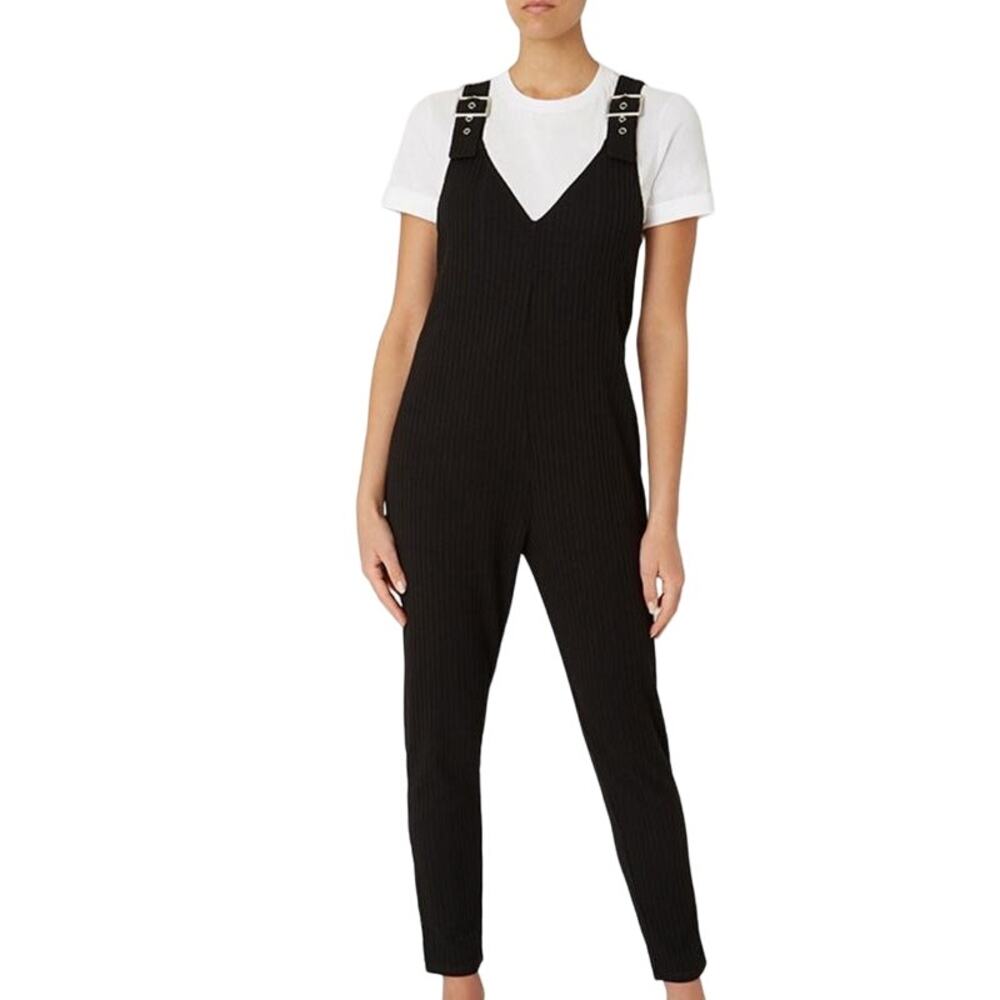 WeWoreWhat Black Ribbed Knit Jumpsuit XS Moto Overalls Buckle Strap Tapered Leg